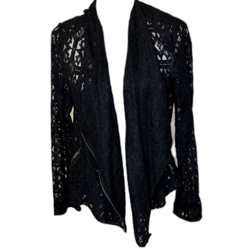 INC Lace Open Front Cardigan Cotton Nylon Black Geometric Womens M